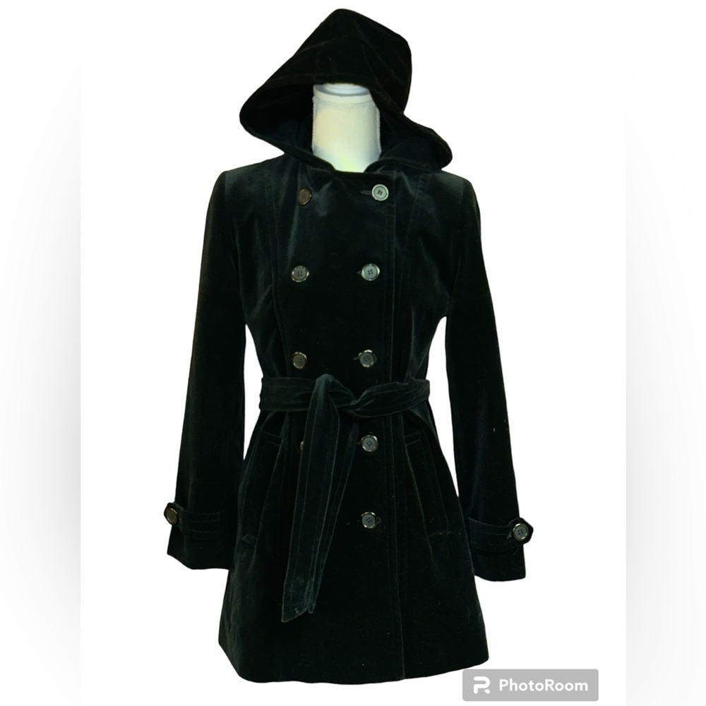 J Percy Velour Black Double Breasted Hooded Belted Dress Coat Pockets Small